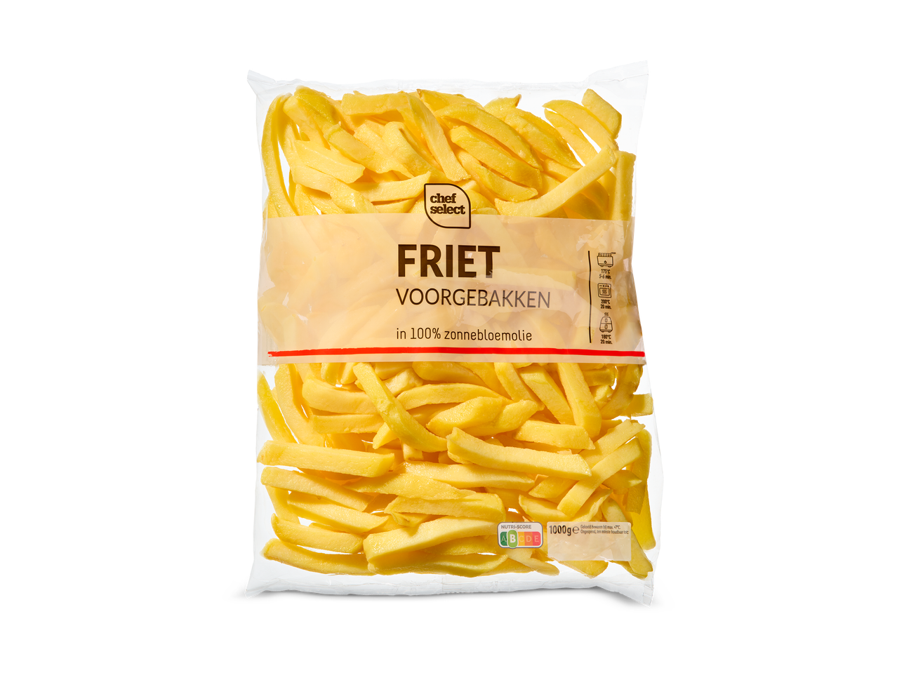 Een zak voorgebakken frietjes in zonnebloemolie, met bereidingsinstructies en Nutri-Score.