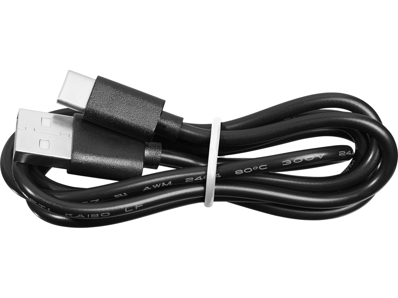 Cablu USB-C negru, împachetat cu o bandă elastică.