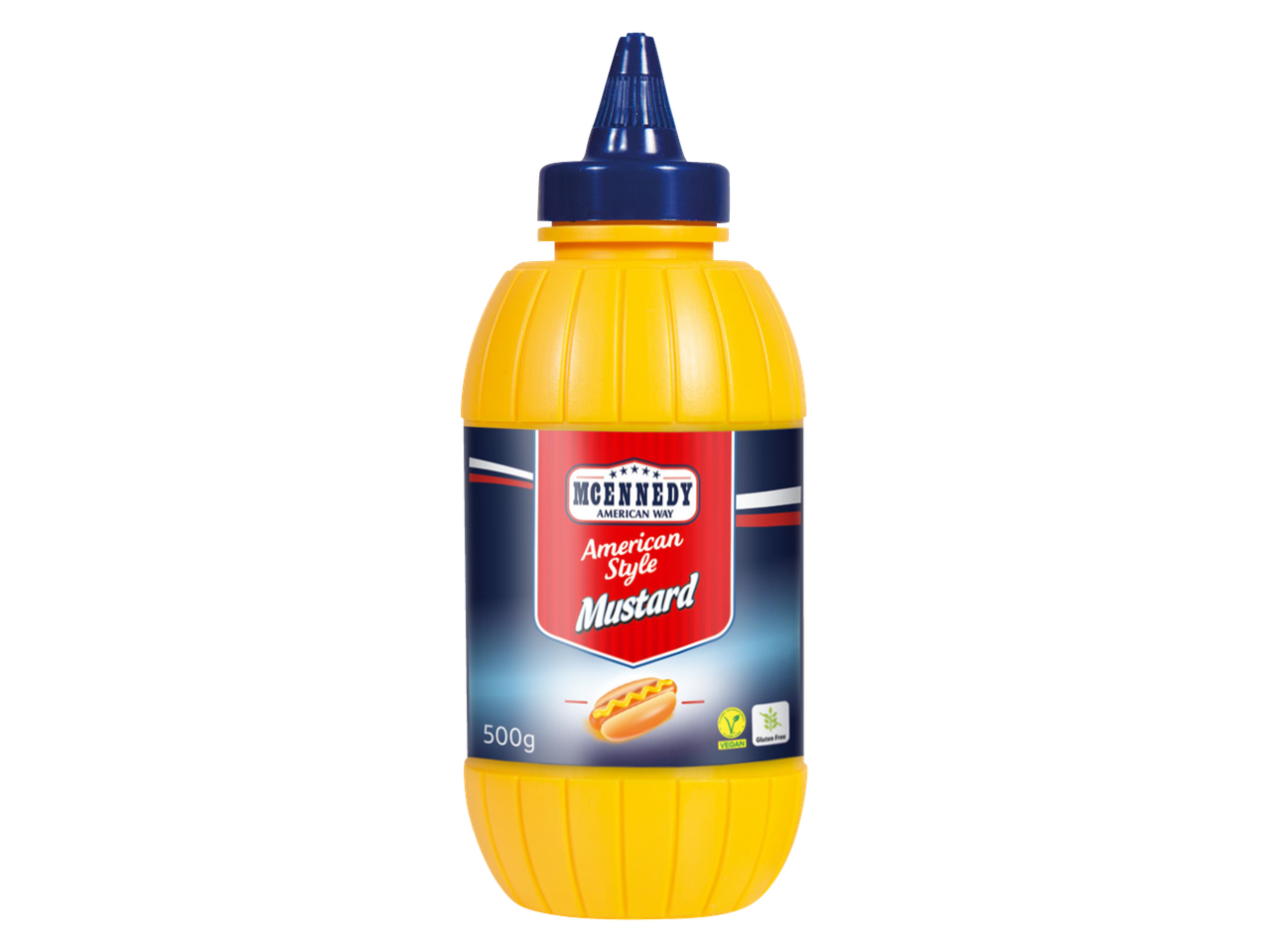 McEnnedy American Style Mustard in a yellow squeeze bottle with a hot dog graphic.