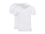 Zwei weiße V-Ausschnitt-T-Shirts, übereinanderliegend, mit Etiketten sichtbar.
