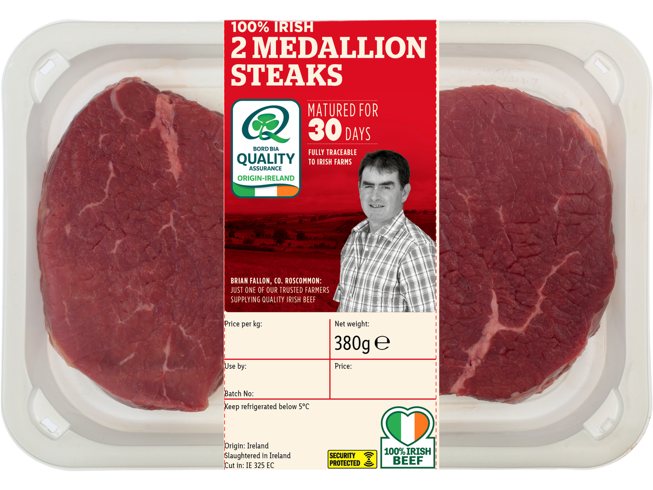 Pack of 2 Irish beef medallion steaks with a red and white label featuring a farmer.