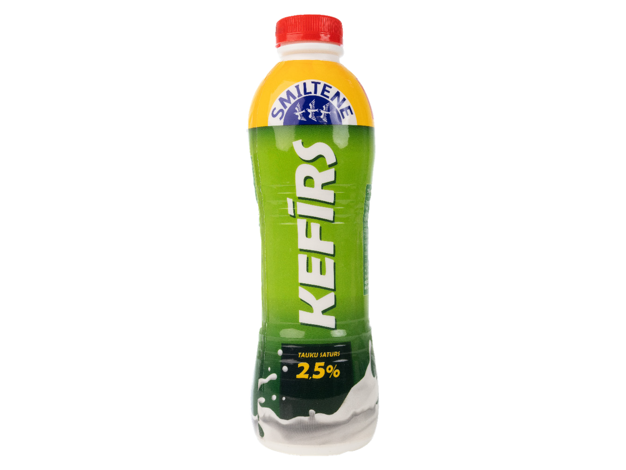 Smiltenes kefīrs ar 2,5% tauku saturu, zaļā pudelē ar dzeltenu vāciņu.