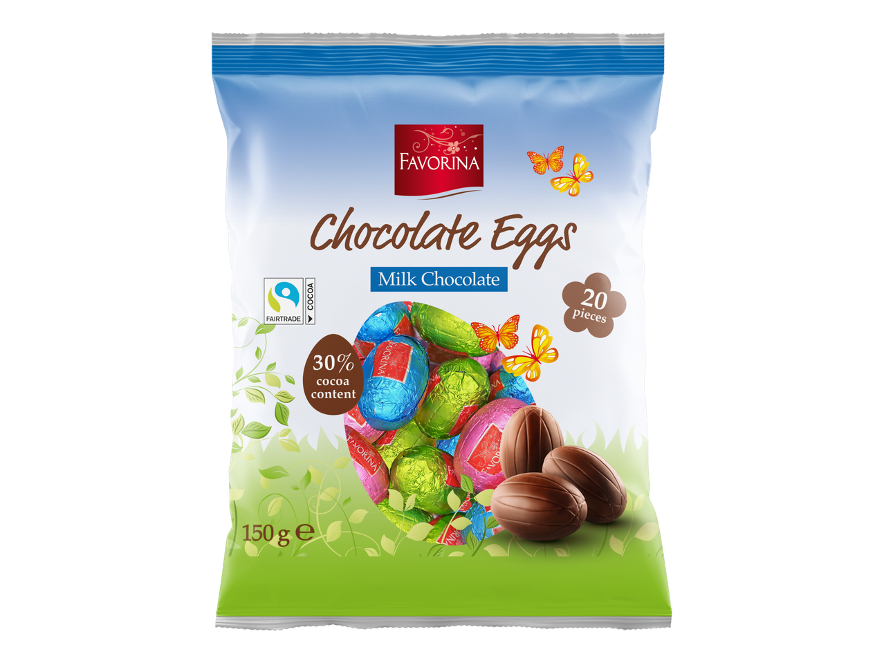 Favorina šokolaadimunad, piimašokolaad, 150g, 20 tk, 30% kakaosisaldusega, Fairtrade