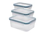 Stack of three rectangular clear plastic food storage containers with blue lids and clasps.