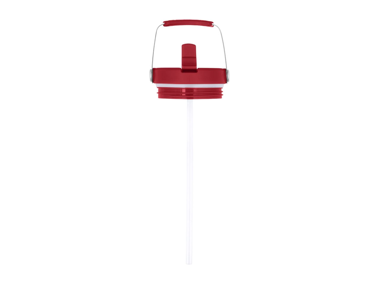 Red water bottle lid with a straw and a metal handle on a white background.