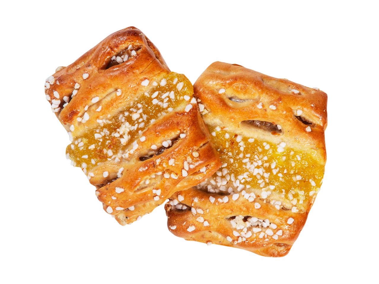 Kaksi herkullista, täytettyä leivonnaista.