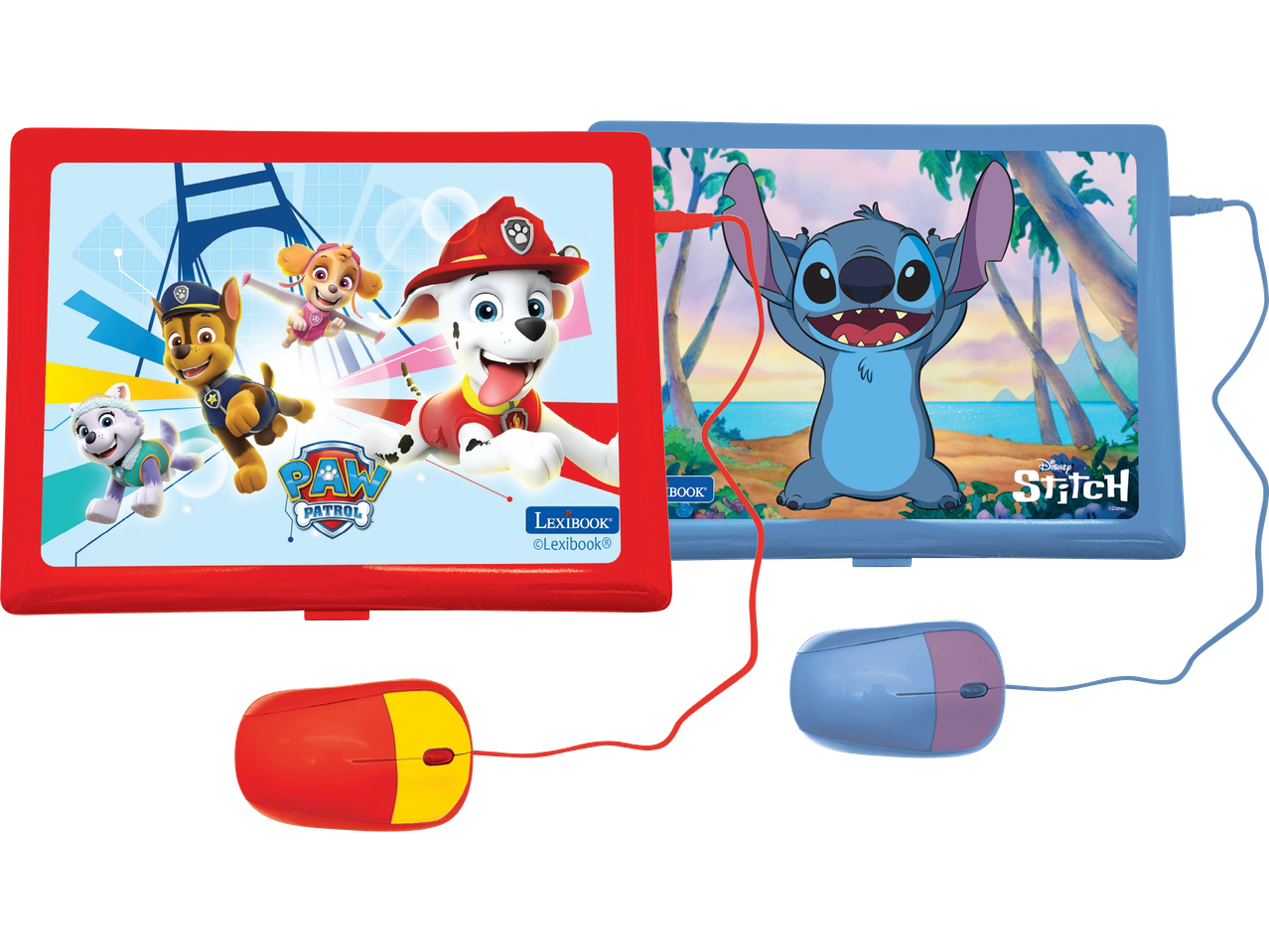 Lexibook-leksaksdatorer med Paw Patrol och Stitch-motiv, komplett med muspekare.