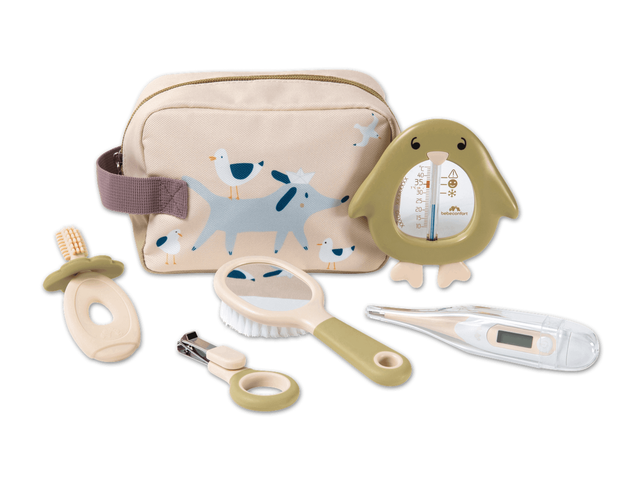 Baby-Pflegeset mit Kulturtasche, Thermometer, Bürste, Nagelknipser und Beißring von Bebeconfort.