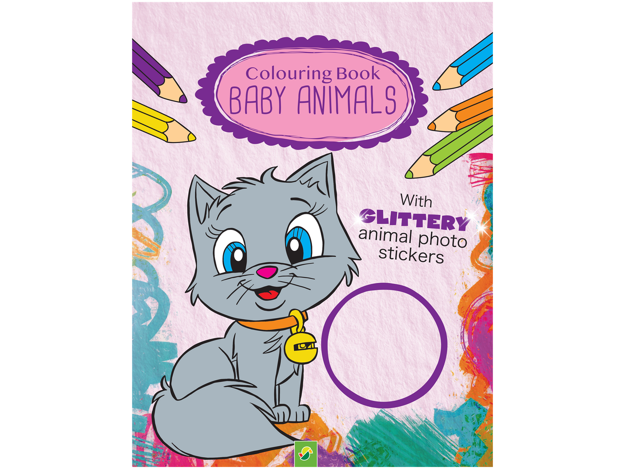 Colouring book for baby animals with glittery stickers, featuring a cute grey kitten.