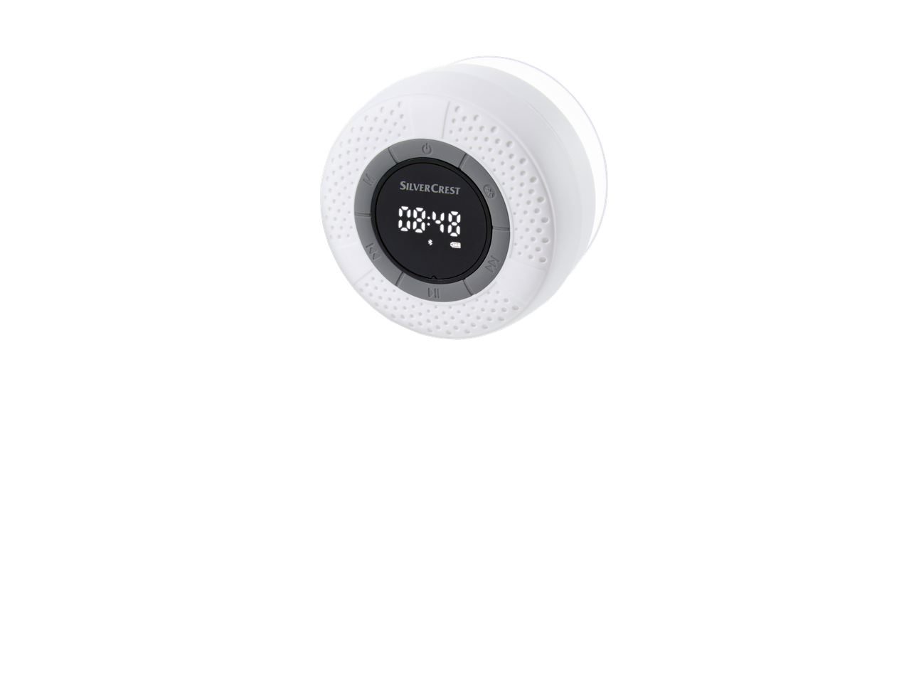 SILVERCREST Bluetooth® zvučnik za kupatilo sa digitalnim ekranom koji prikazuje vreme i status baterije.
