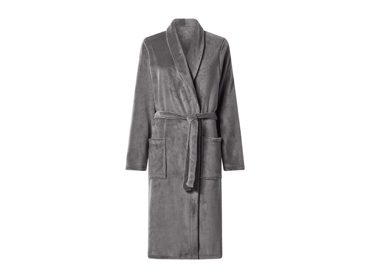 Grey plush bathrobe with a tie belt and pockets.