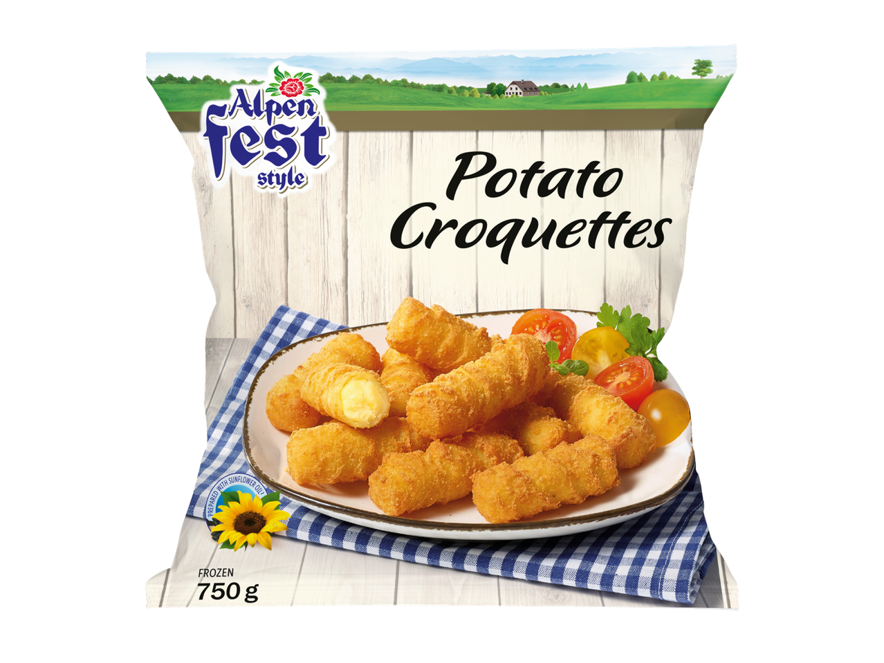 Alpen Fest Style šaldytų bulvių kroketų pakuotė.