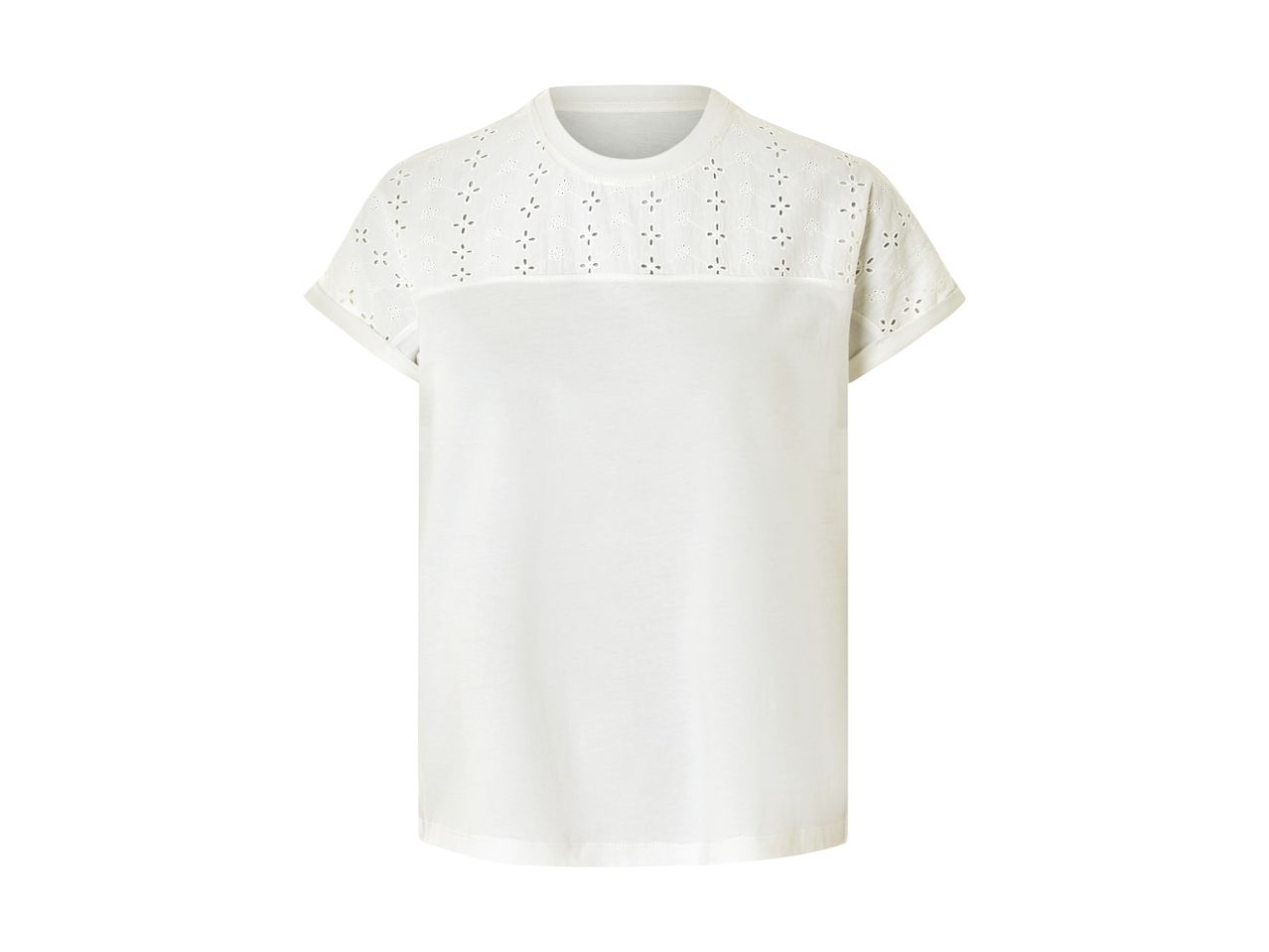 En hvid t-shirt med broderi på skuldrene.
