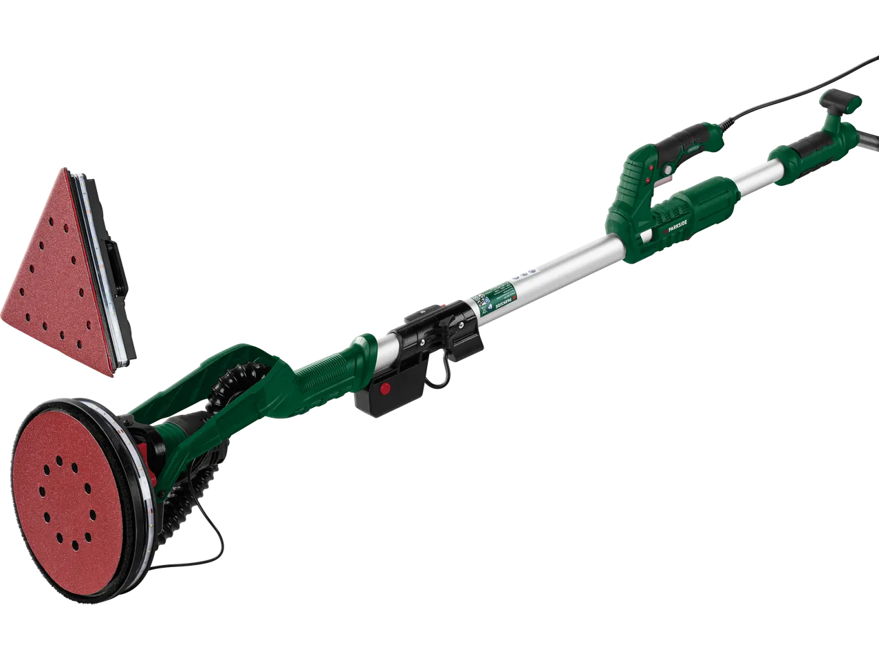 Lixadeira de parede e teto PARKSIDE® com cabeças de lixamento redondas e triangulares.