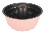 Pink bundt cake pan with a dark non-stick interior and a central tube