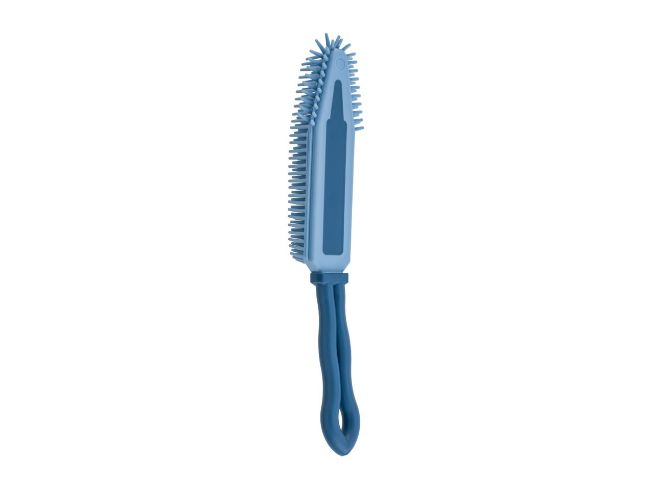 Blue silicone bottle brush with a loop handle, featuring bristles on one side.