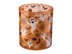 Halloween-themed glass candle holder with ghosts, bats, spiderwebs, and brooms on an orange background.