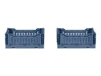 Two blue foldable plastic crates with perforated sides, side by side on a white background.
