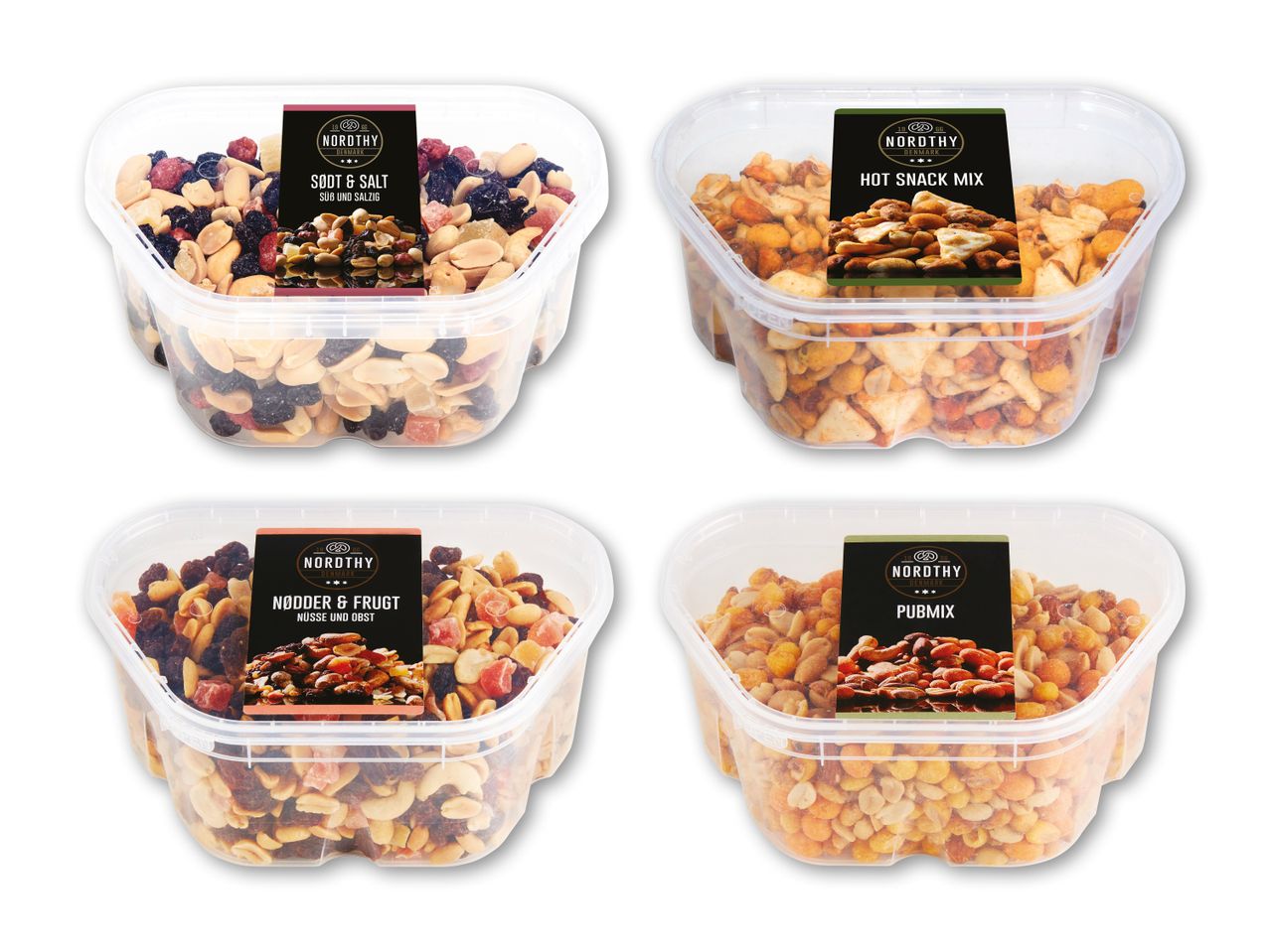 Fire beholdere med forskellige snackblandinger: sødt og salt, nødder og frugt, hot snack mix og pubmix.