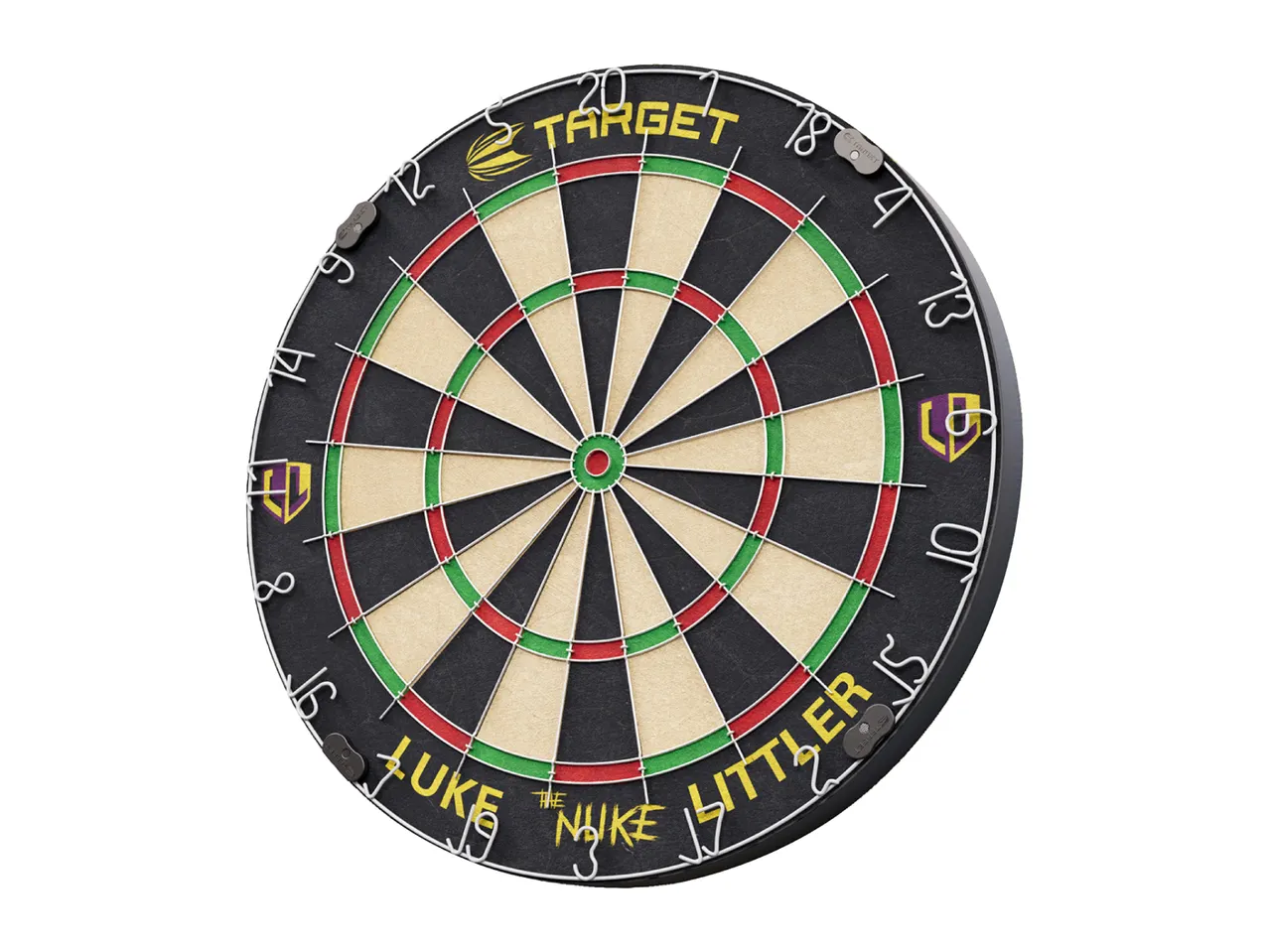A black dartboard with red and green rings, featuring the text 'TARGET' and 'LUKE THE NUKE LITTLER'.