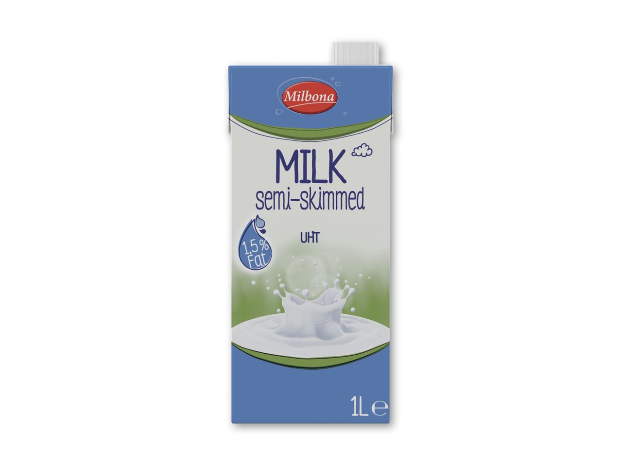 Mælkekarton med teksten 'MILK semi-skimmed', 1,5% fedt og et mælkesprøjt.