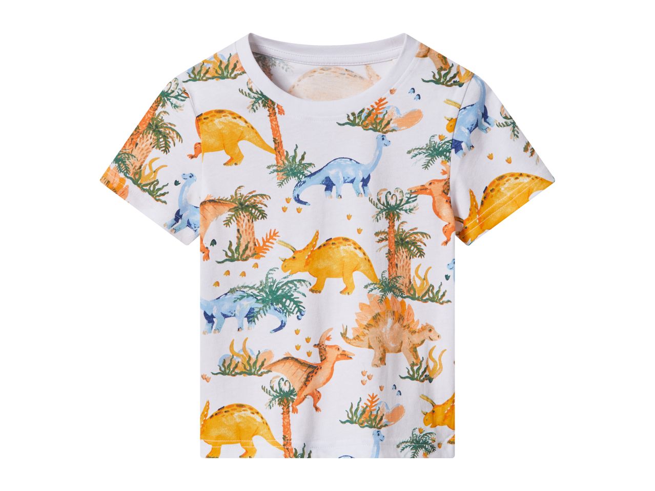 White short-sleeved t-shirt with a colorful dinosaur and palm tree pattern for children.