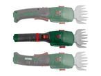 Three cordless grass and shrub shears with green and grey bodies, and red accents.