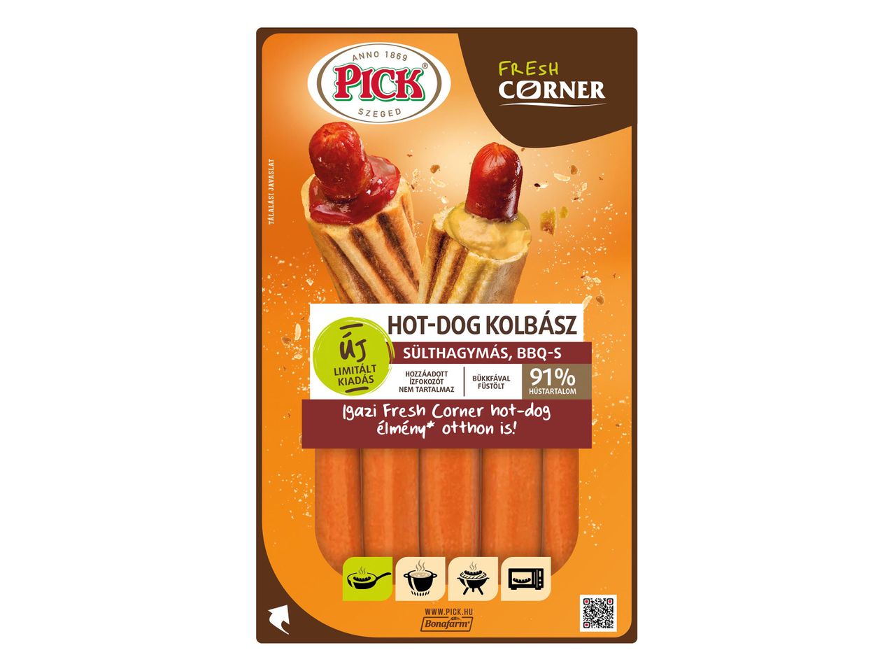 Pick Fresh Corner hot-dog kolbász sült hagymás és BBQ ízben.