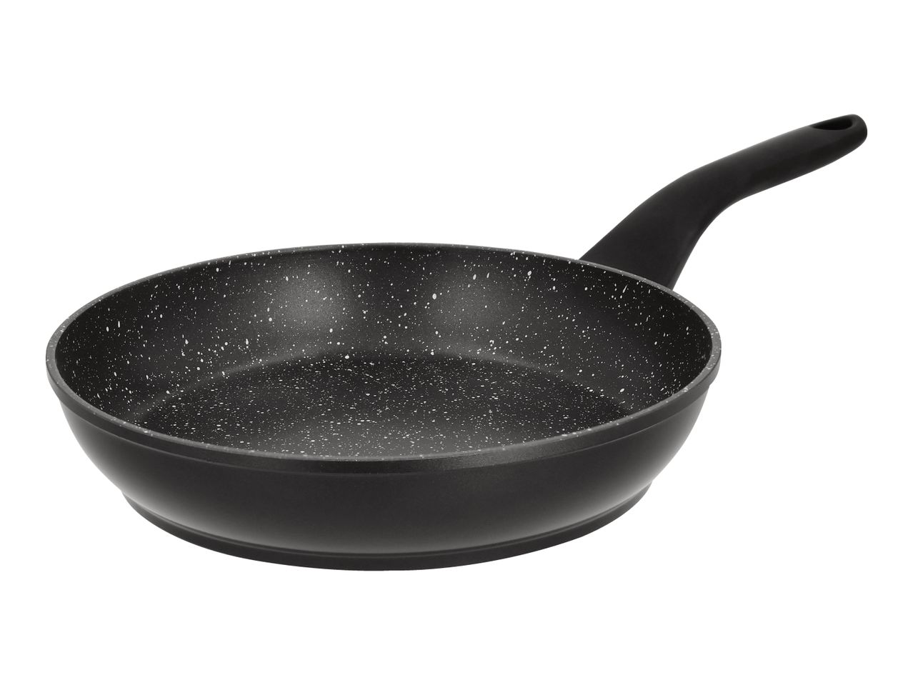 Black frying pan with a speckled non-stick coating and a black handle.