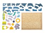 A space-themed wooden puzzle with various shaped pieces and a wooden board.