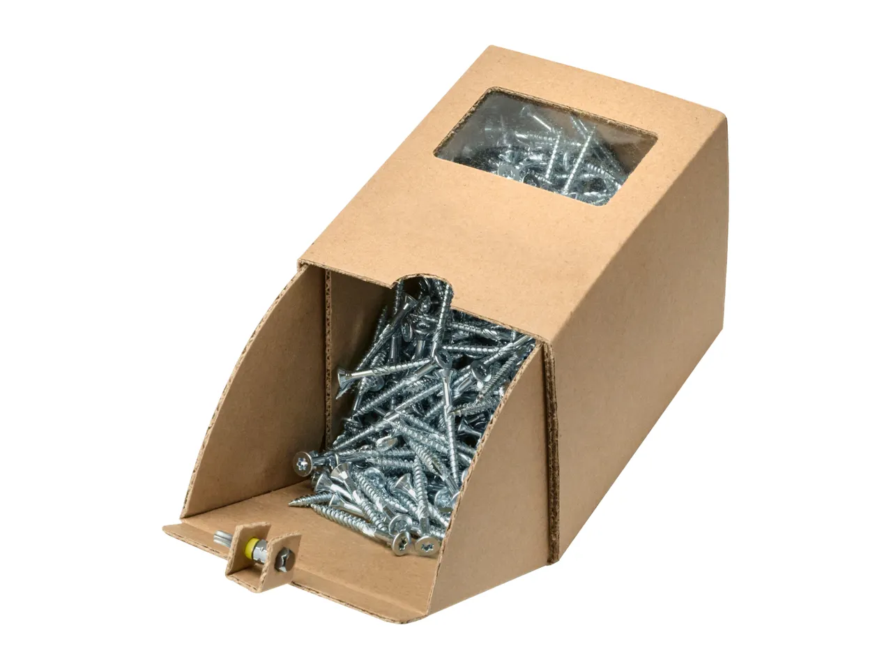 Cardboard box filled with silver screws, with a clear window on top.