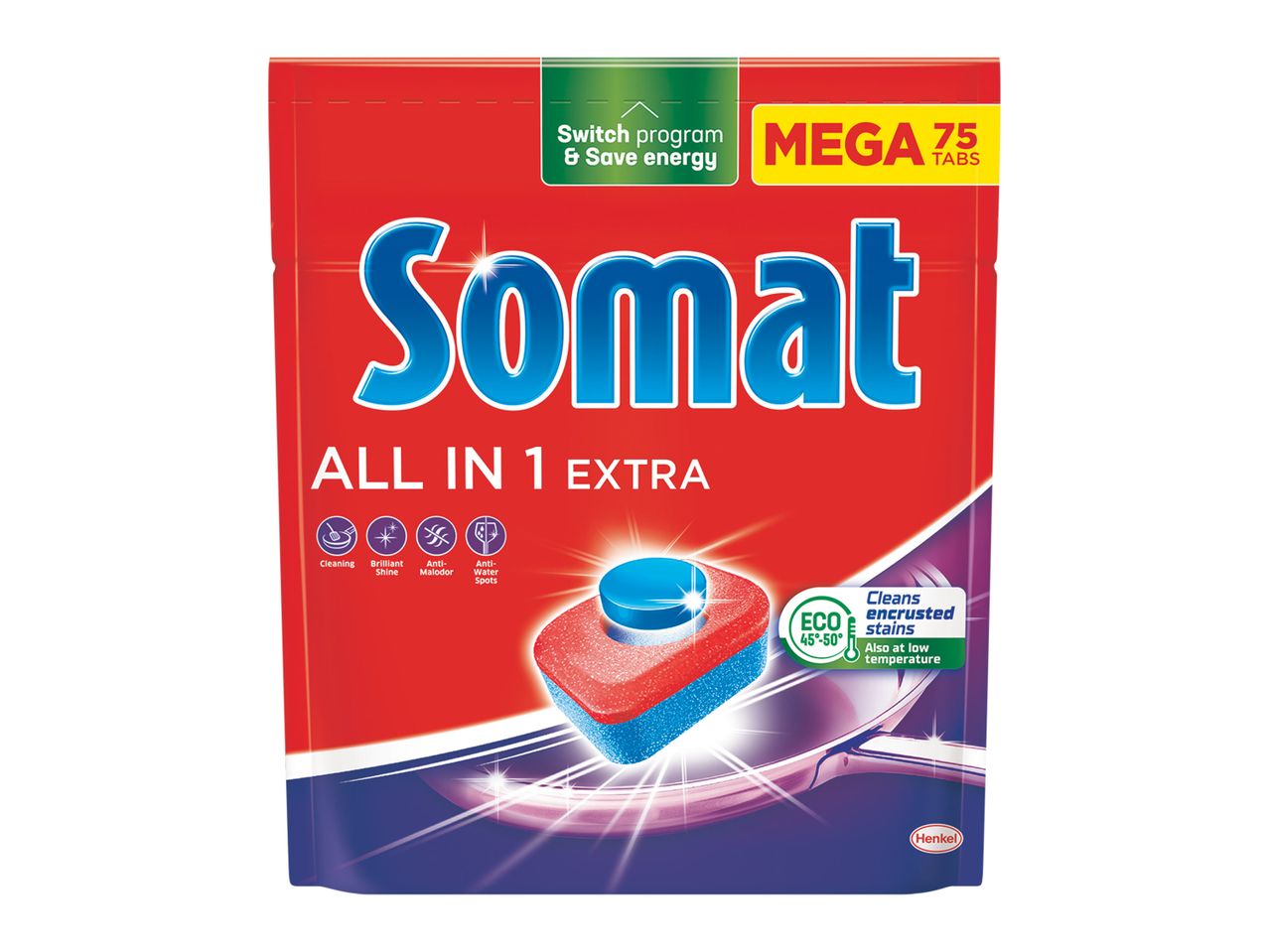 Somat All in 1 Extra, 75 tablete pentru mașina de spălat vase, cu funcții de curățare și strălucire.