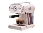 A pink SilverCrest espresso machine with two cups of coffee being brewed.