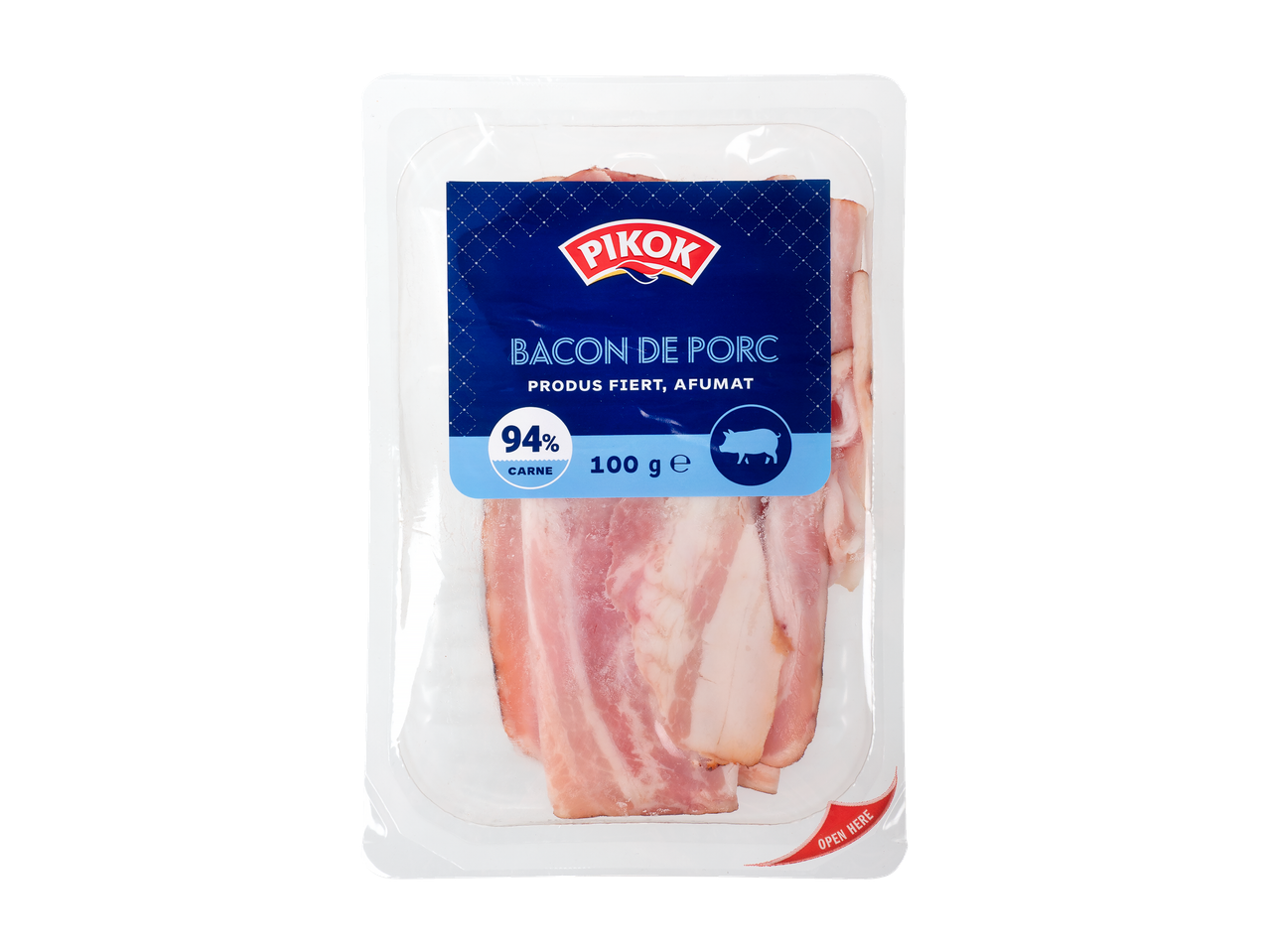 Bacon Pikok: pachet de 100g de bacon afumat de porc.
