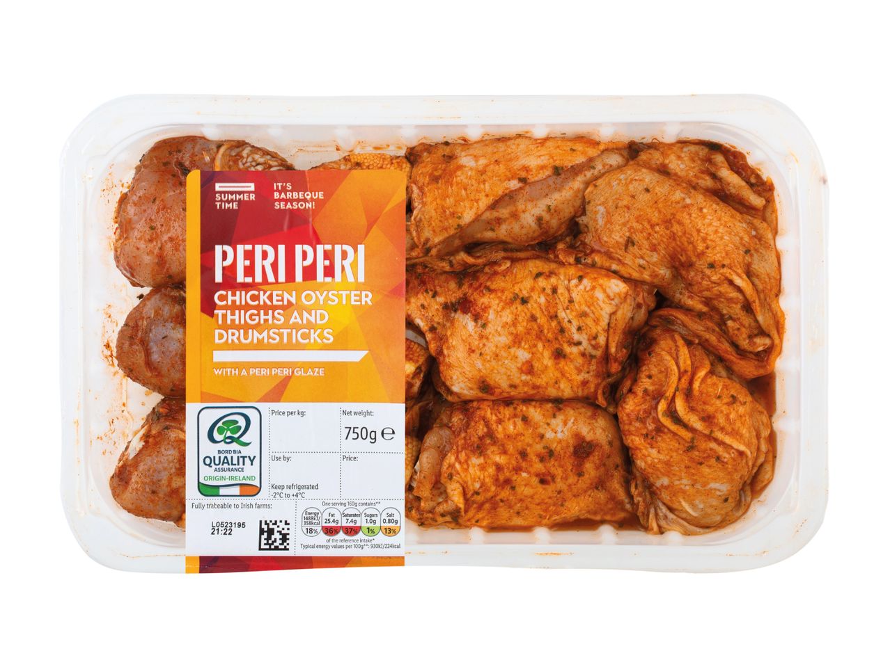 Peri Peri chicken oyster thighs and drumsticks in a clear tray, 750g, with a summer barbecue theme.