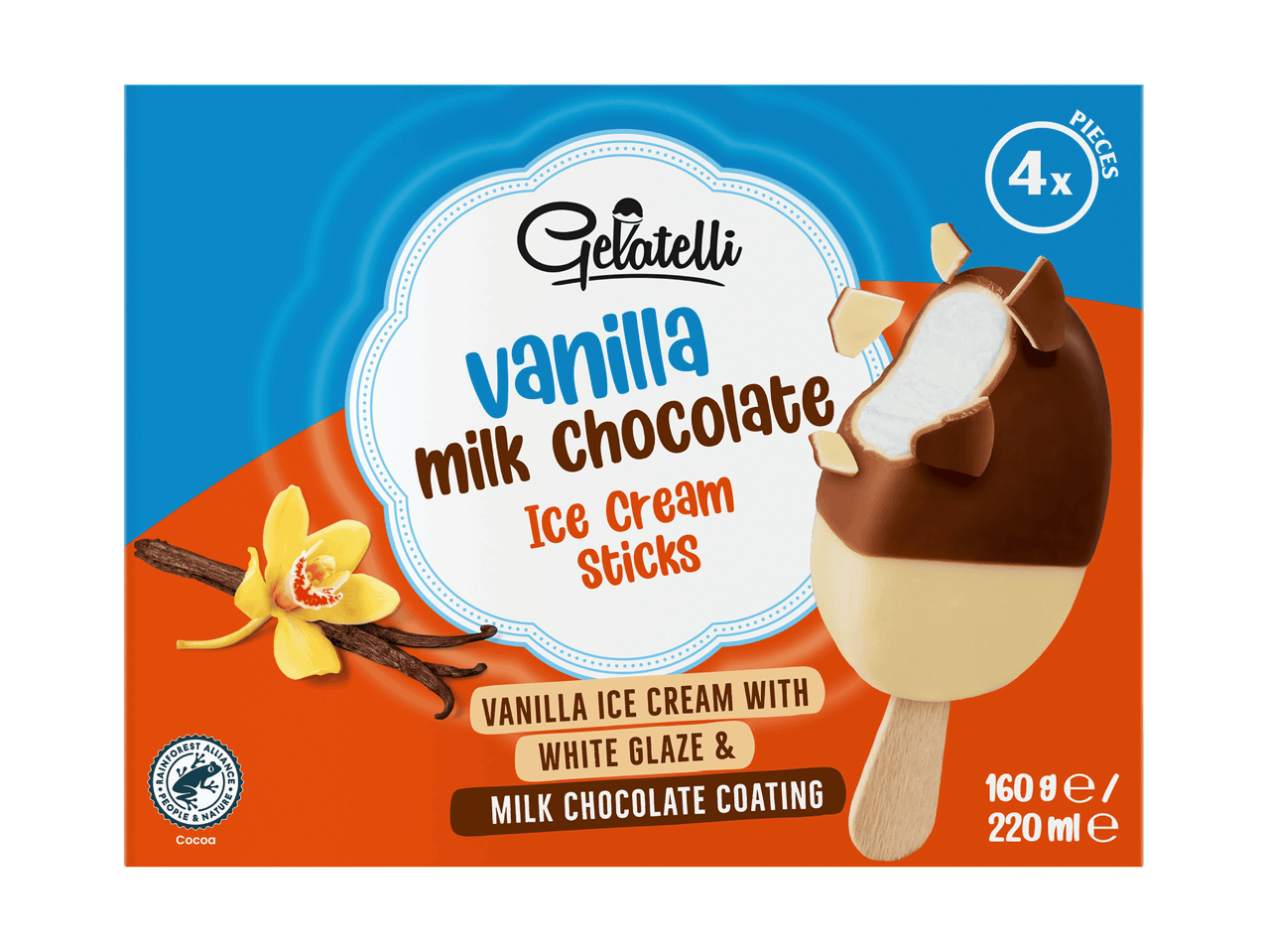 Vanille-Milchschokoladen-Eis am Stiel, 4 Stück, 160g/220ml.