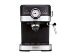 Uma máquina de café expresso SilverCrest preta e prateada com medidor de temperatura.