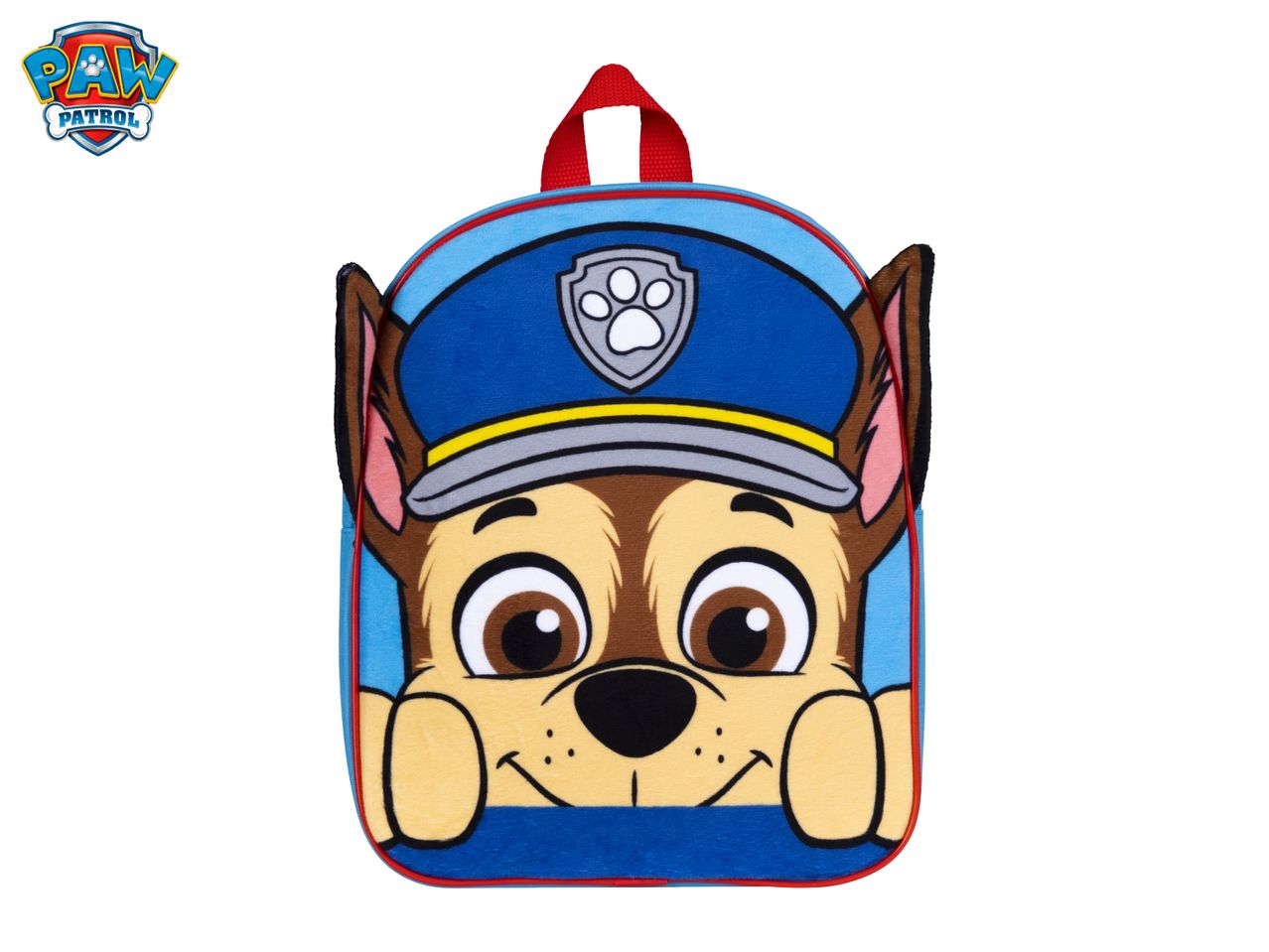 Blue backpack with a cartoon dog wearing a police hat, featuring a paw print badge.