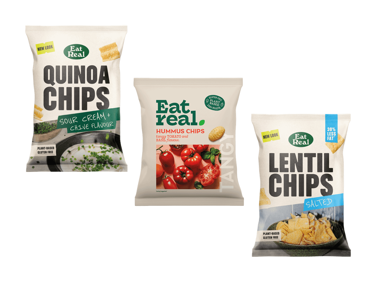Trois paquets de chips Eat Real : Quinoa, Houmous et Lentilles.