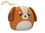 Brown and white dog plush toy with the word 'SQUISHMALLOWS' above it.