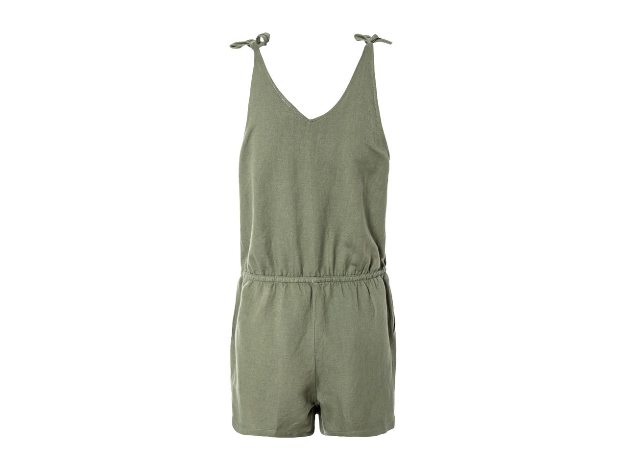 Green women's short jumpsuit with tie-up straps and elasticated waist