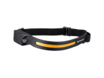 Bresser LED-Stirnlampe: juoda galvos juosta su oranžine LED juostele ir prožektoriumi.