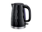 Black textured electric kettle with a water level indicator and a silver base.
