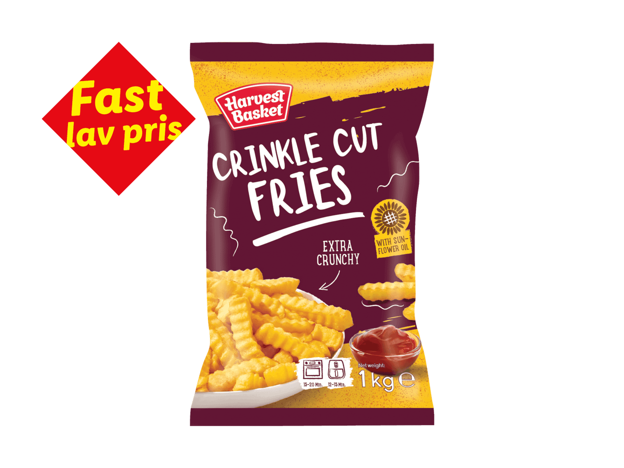 Pose med rynkede pommes frites med teksten 'Fast lav pris' i et rødt skilt.