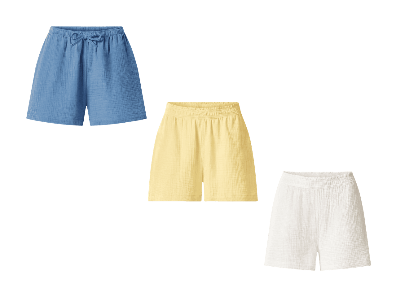 Drei Shorts aus Musselin in Blau, Gelb und Weiß.