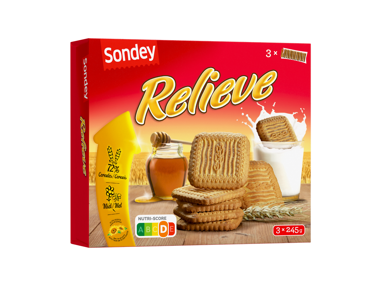 Biscoitos SONDEY Relieve com cereais e mel, 3x245g, Nutri-Score D.