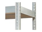 Close-up of metal shelving unit with two shelves and support beams.