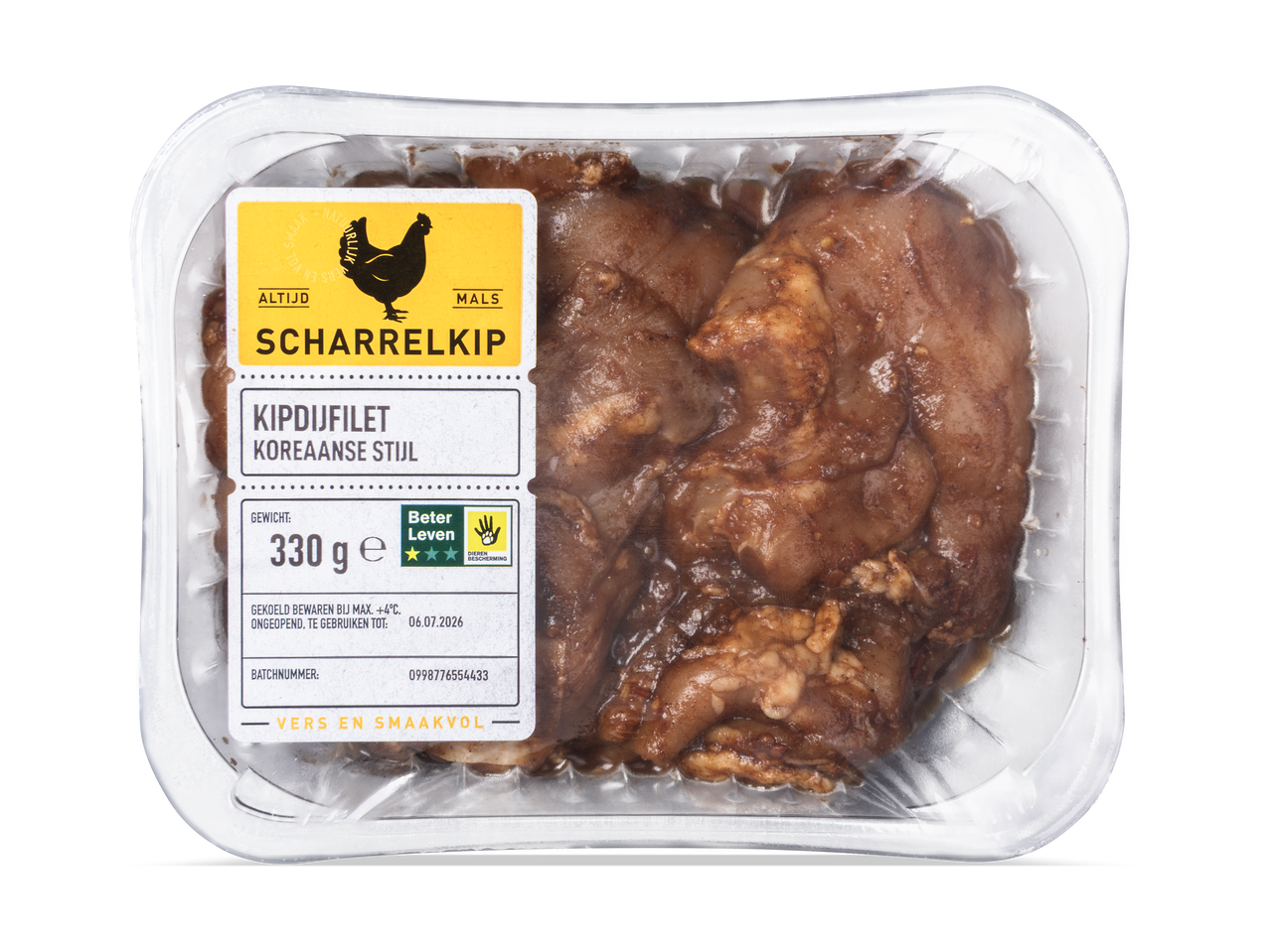 Verpakking met gemarineerde kippendijfilet in Koreaanse stijl, 330g, met Beter Leven keurmerk.