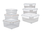 Zwei Sets quadratischer, durchsichtiger Plastik-Vorratsdosen, ideal zum Aufbewahren von Lebensmitteln.