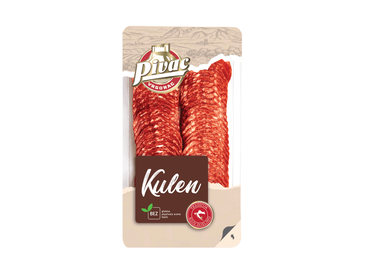 Pute! Kulen, zwei Scheiben geräucherter Putenwurst in Verpackung.